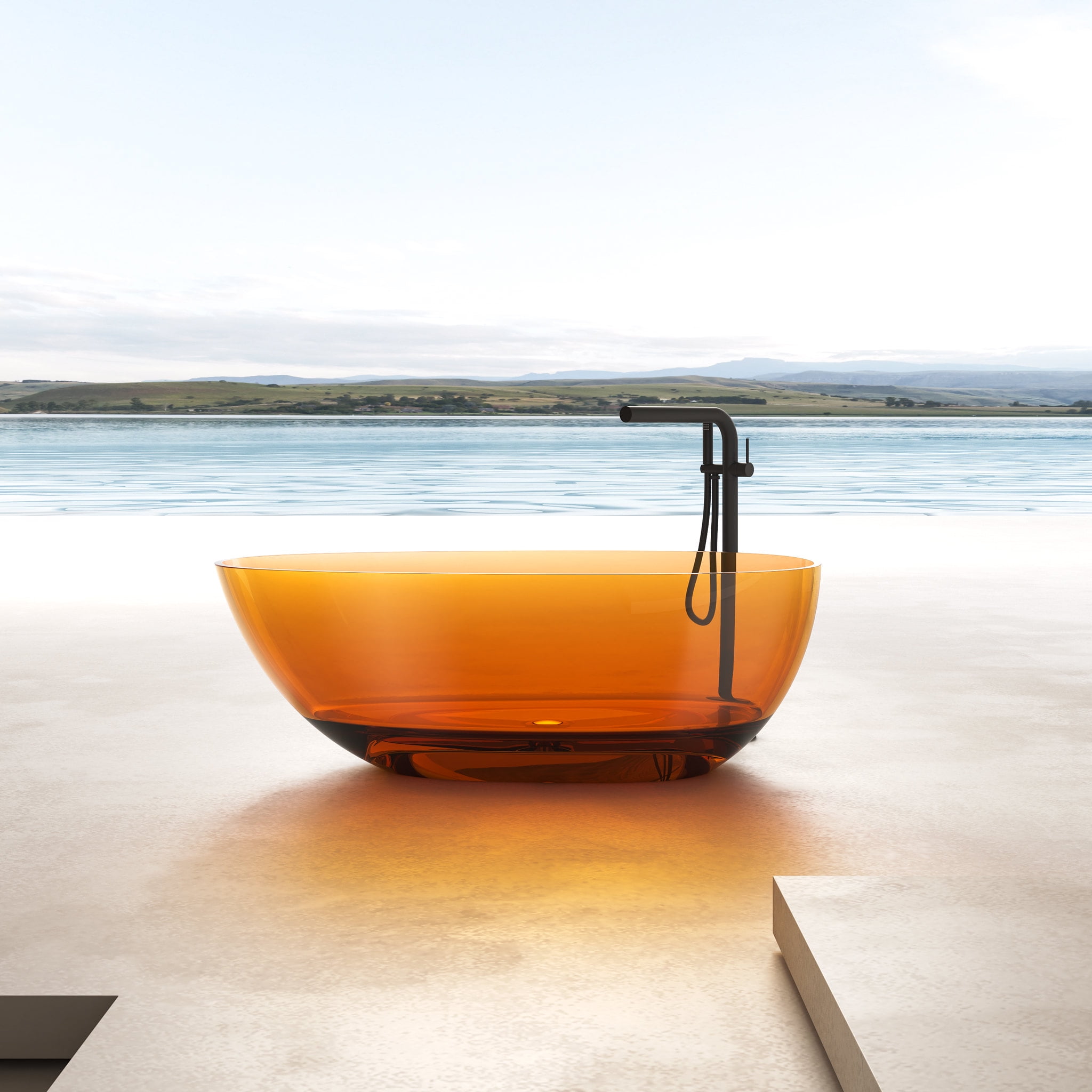 67" Amber Stone Resin Freestanding Soaking Bathtub with Chrome Drain