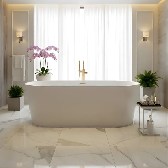 Vanity Art Bordeaux 67" Acrylic Freestanding Soaking Bathtub, White/Titanium Gold
