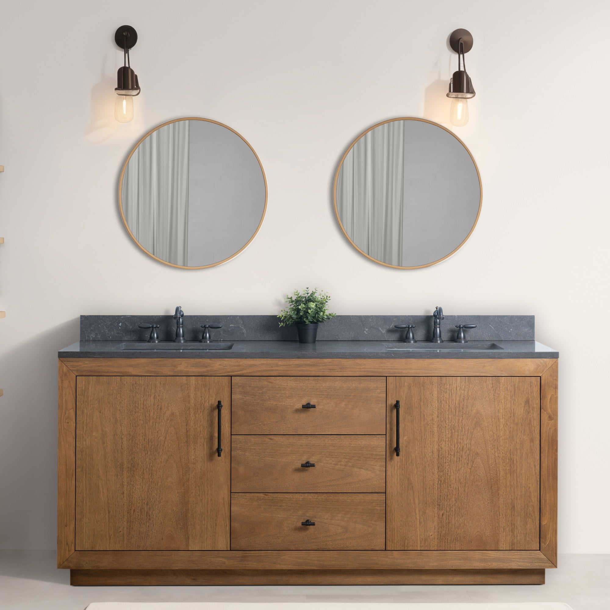 72" Tan and Black Limestone Double Sink Bathroom Vanity