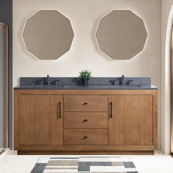 Vanity Art 72” Double Sink Bathroom Vanity Cabinet with Adjustable Shelves, Solid Wood Free Standing Storage Cabinets with Black Limestone Countertop, Undermount Sinks and 3 Drawers