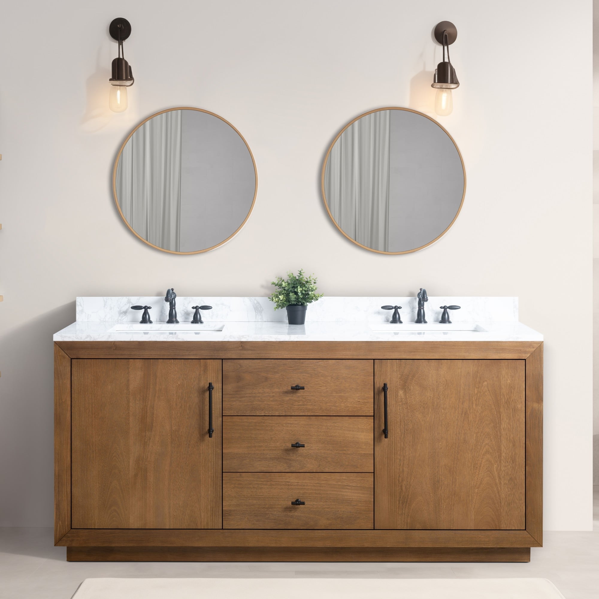72" Tan Poplar Wood Double Sink Vanity with Arabescato White Marble Top