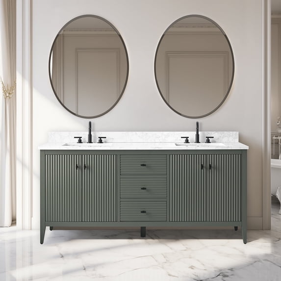Vanity Art 72" Double Sink Bathroom Vanity Cabinet, Freestanding Storage Cabinet with Engineered Marble Top, Undermount Sinks, Drawer, and Shelve