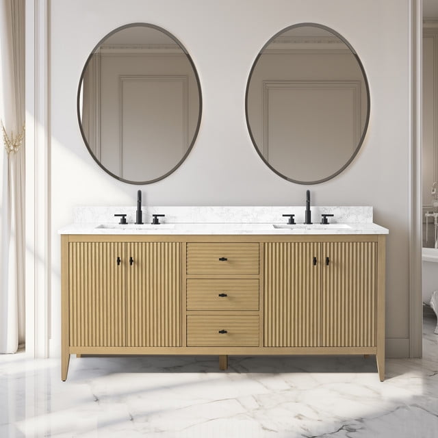 Linear Natural Oak 72" Double Sink Freestanding Bathroom Vanity with Marble Top