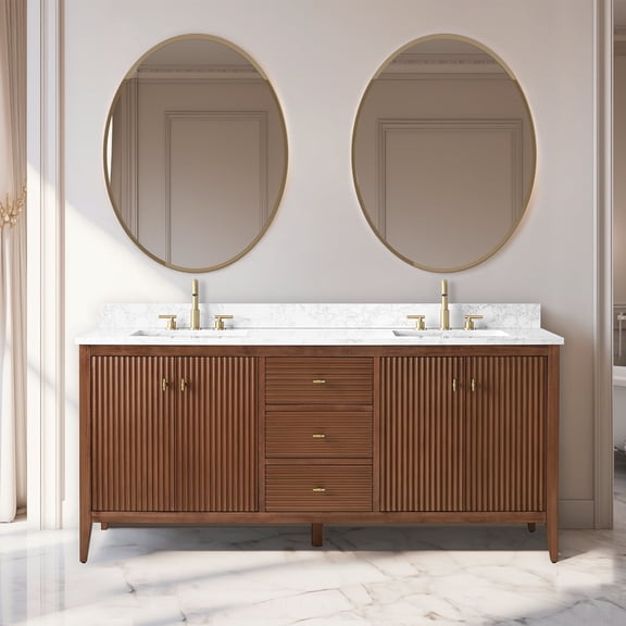 Vanity Art 72" Double Sink Bathroom Vanity Cabinet, Freestanding Storage Cabinet with Engineered Marble Top, Undermount Sinks, Drawer, and Shelve
