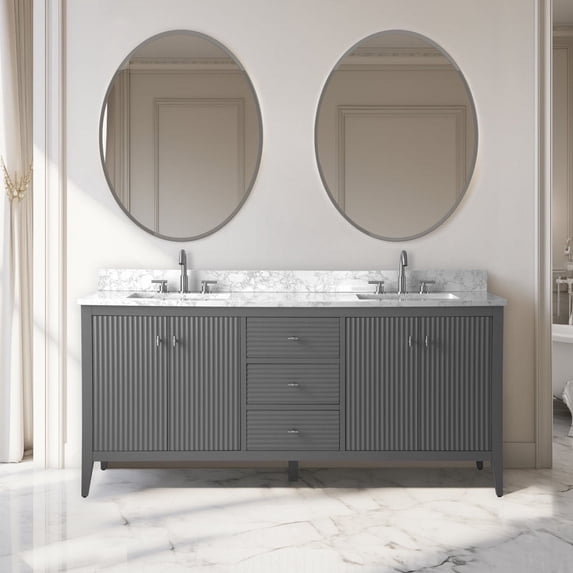 Vanity Art 72" Double Sink Bathroom Vanity Cabinet, Freestanding Storage Cabinet with Engineered Marble Top, Undermount Sinks, Drawer, and Shelve