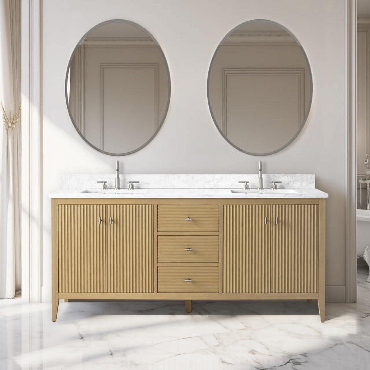 72" Natural Oak Double Sink Vanity with Marble Top