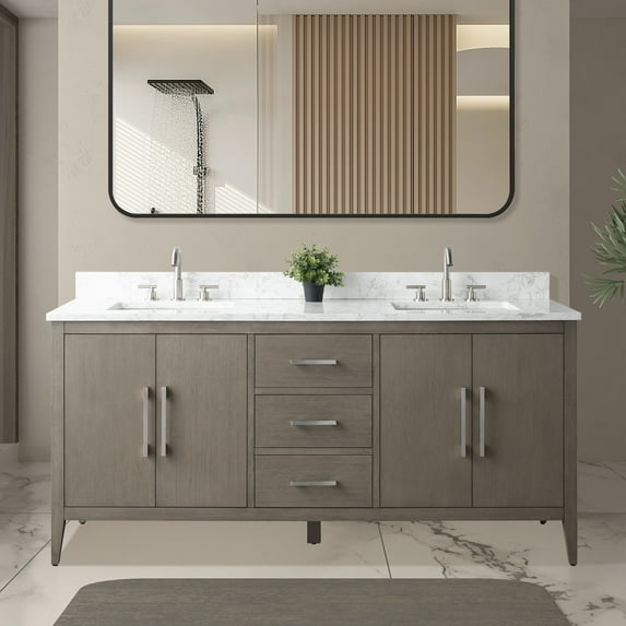 Vanity Art 72” Double Sink Bathroom Vanity Cabinet with Engineered Marble Countertop