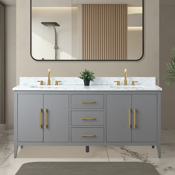 Vanity Art 72” Double Sink Bathroom Vanity Cabinet with Engineered Marble Countertop