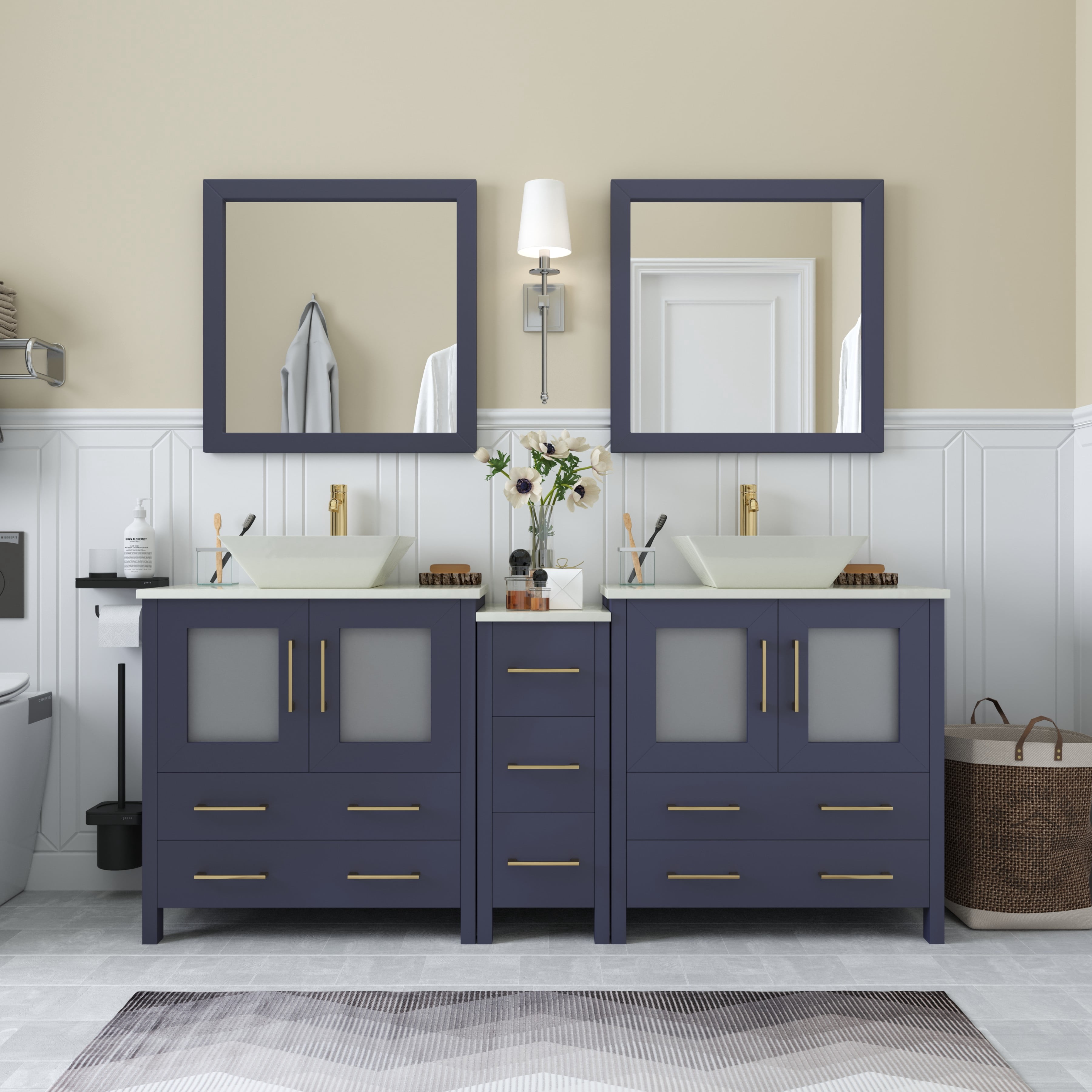 Vanity Art 72" Double Sink Bathroom Vanity Set with Engineered Marble Top and Free Mirrors