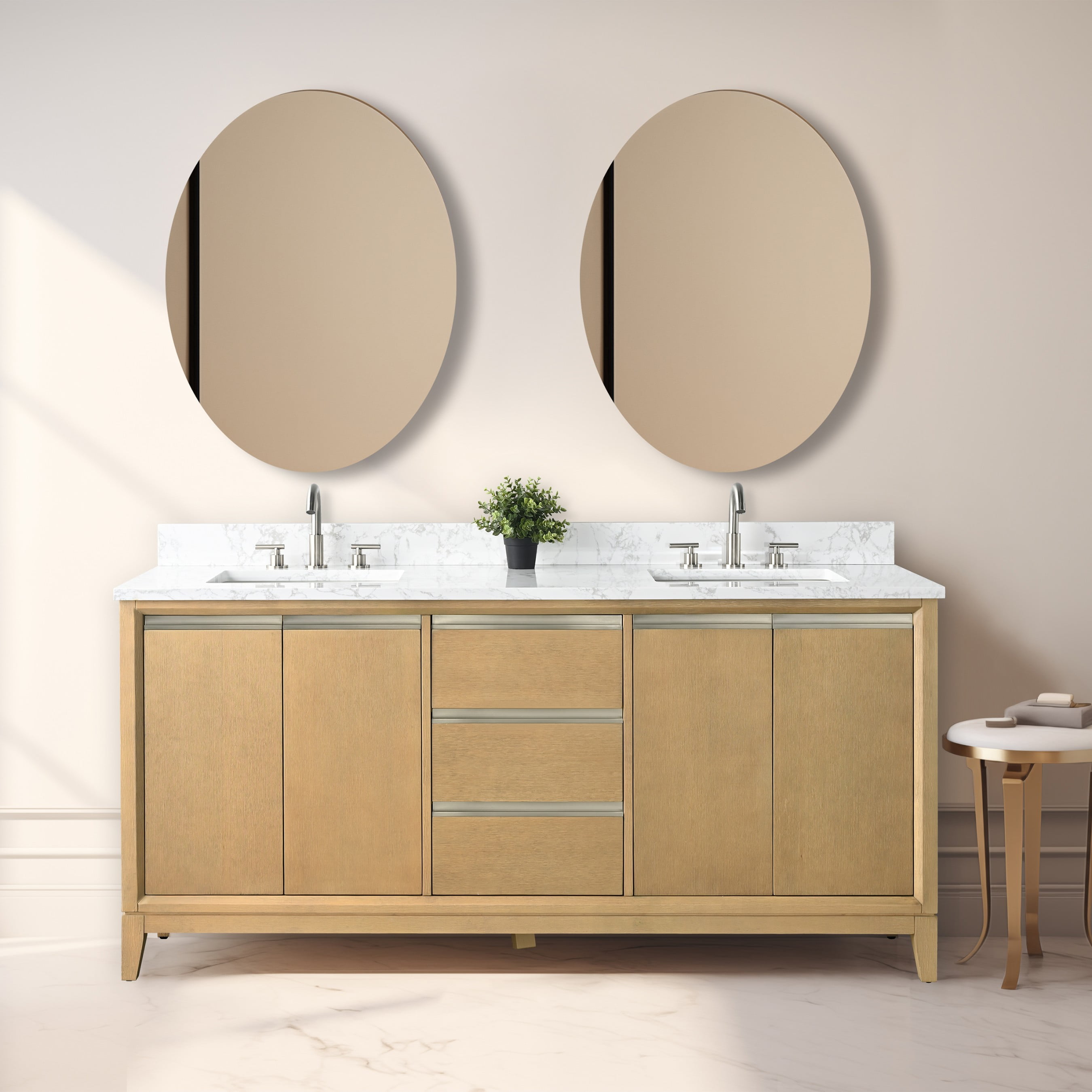 72" Natural Oak Double Sink Bathroom Vanity with Marble Top
