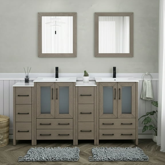 Vanity Art 72" Double Sink Freestanding Bathroom Vanity Set with Ceramic Top and Mirror