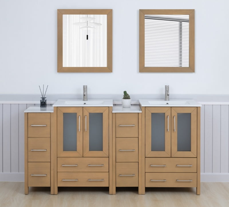 Natural Oak Double Sink Freestanding Bathroom Vanity Set with Ceramic Top and Mirror