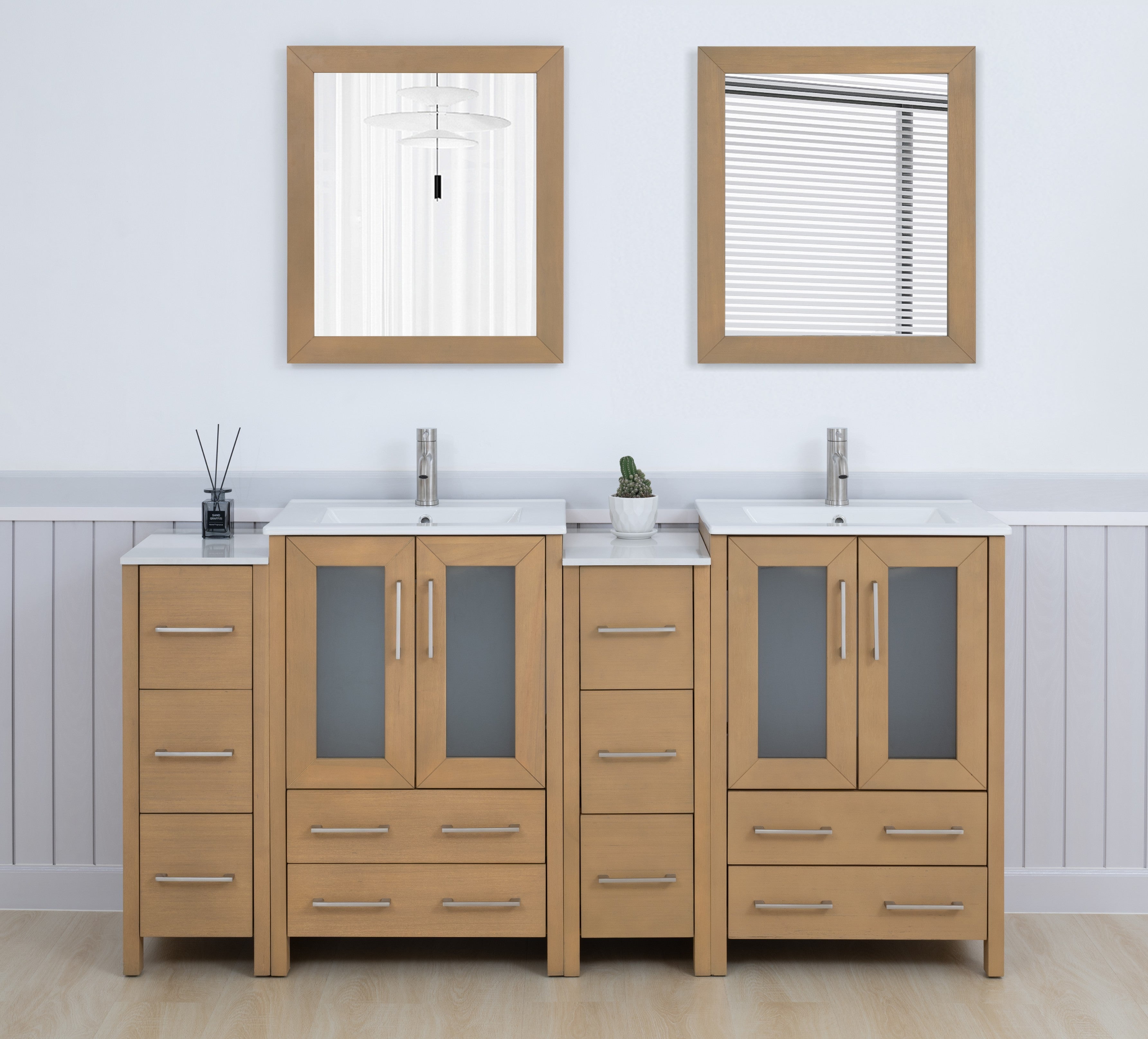 Natural Oak Double Sink Freestanding Bathroom Vanity Set with Ceramic Top and Mirror