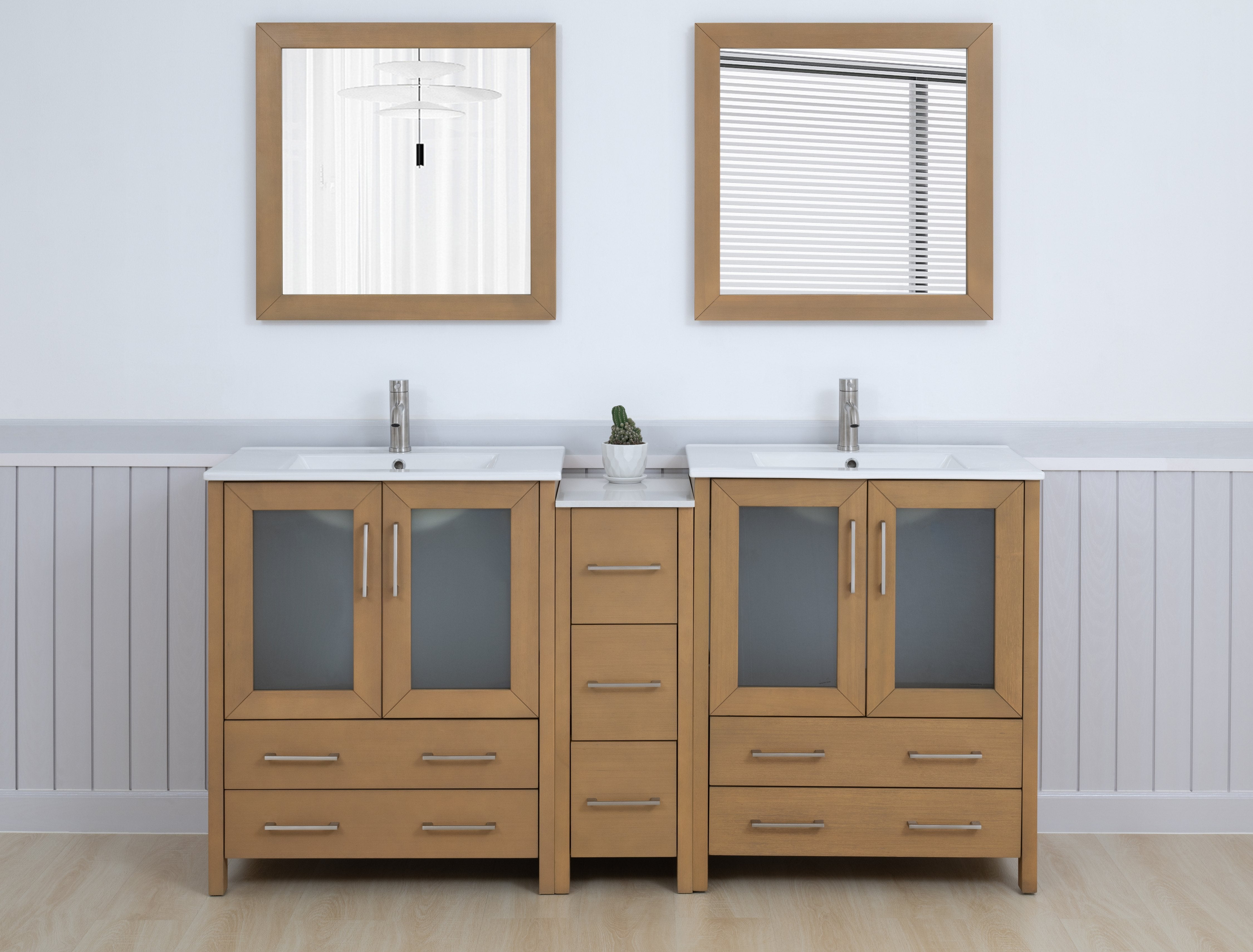 Natural Oak Double Bathroom Vanity with Ceramic Top and Mirror
