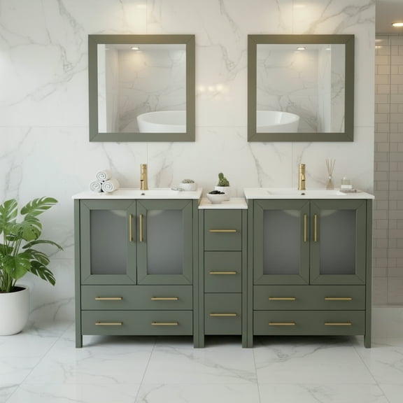 Vanity Art 72" Double Sink Freestanding Bathroom Vanity Set with Ceramic Top and Mirror