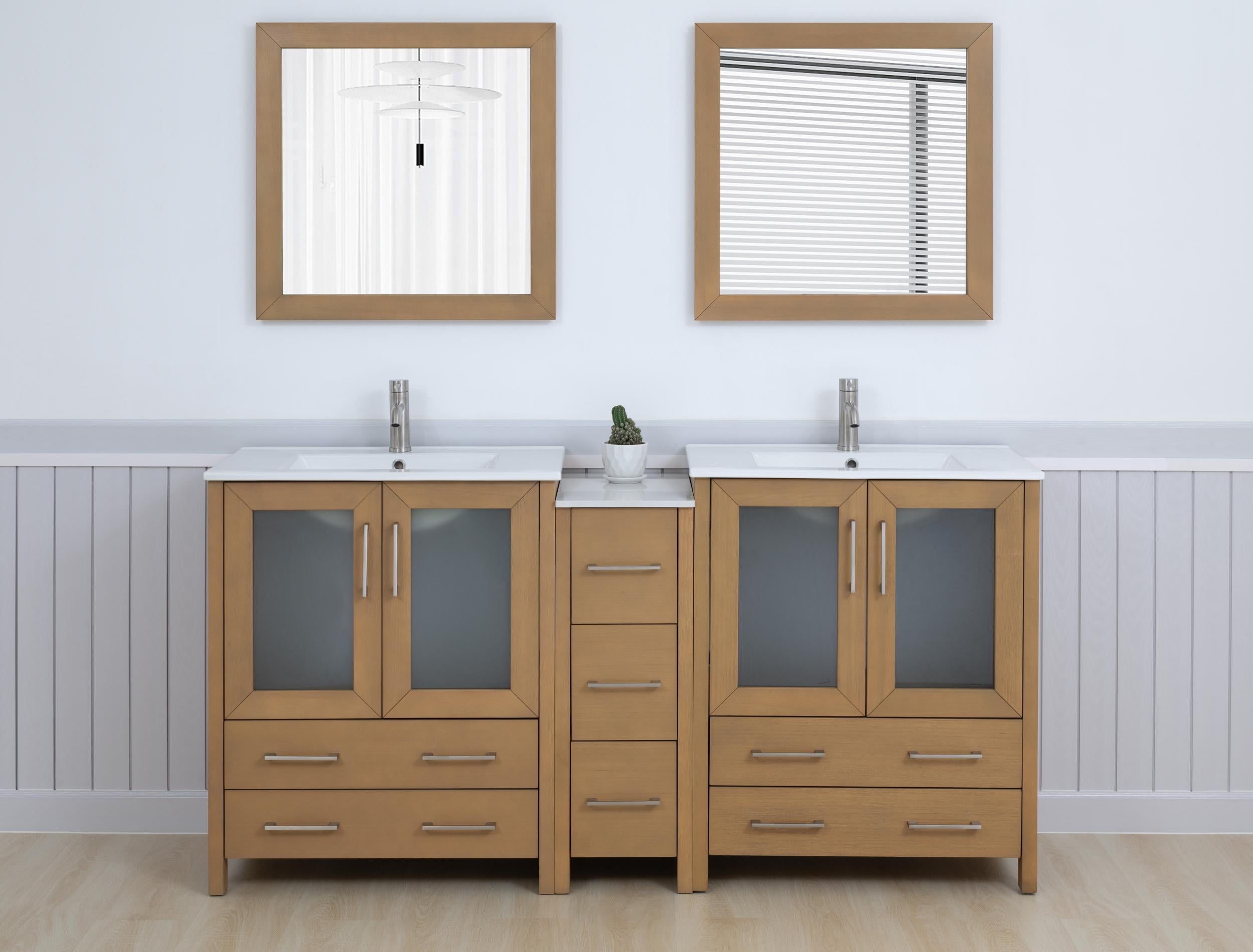 Natural Oak Double Bathroom Vanity with Ceramic Top and Mirror