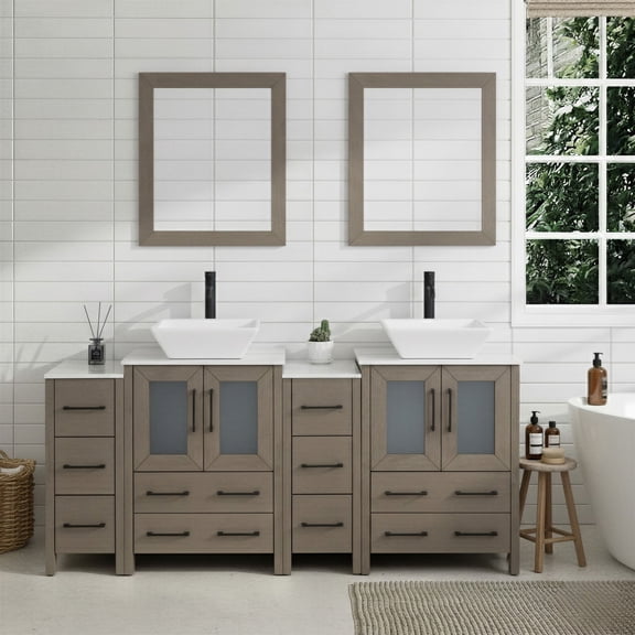 Vanity Art 72" Double Sink Freestanding Bathroom Vanity Set with Engineered Marble Top and Mirror