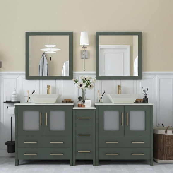 Vanity Art 72" Double Sink Freestanding Bathroom Vanity Set with Engineered Marble Top and Mirror