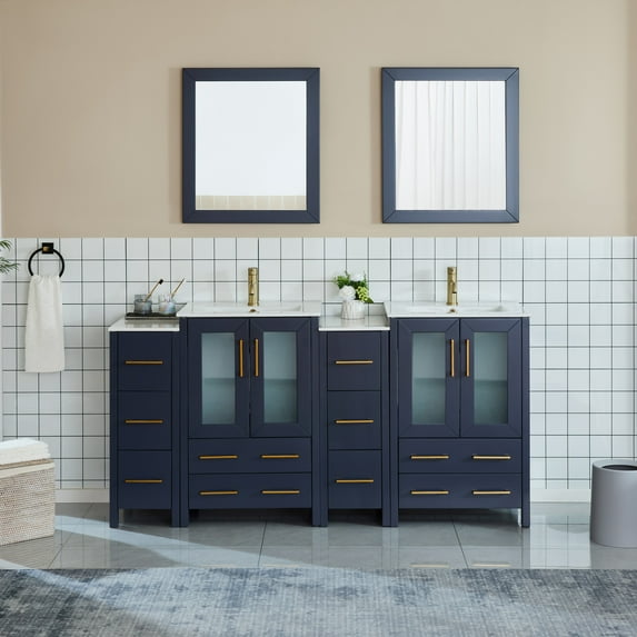Vanity Art 72 Inch Double Sink Bathroom Vanity Combo Set 2 Side Cabinets 2 Shelves 10 Dove-Tailed Drawers Ceramic Top Bathroom Cabinet with Free Mirror VA3024-72B