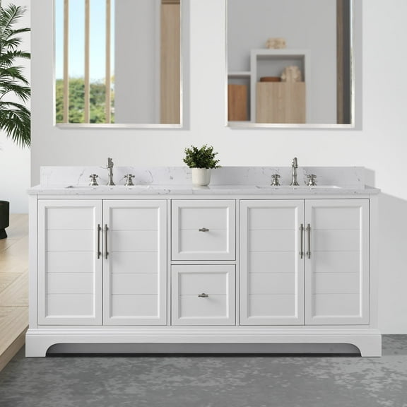 Vanity Art 72 x 22 x 34 in. Double Sink Bathroom Vanity with Quartz Top & Backsplash, White