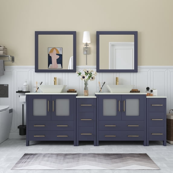 Vanity Art 84" Double Sink Bathroom Vanity Set with Engineered Marble Top and Free Mirrors