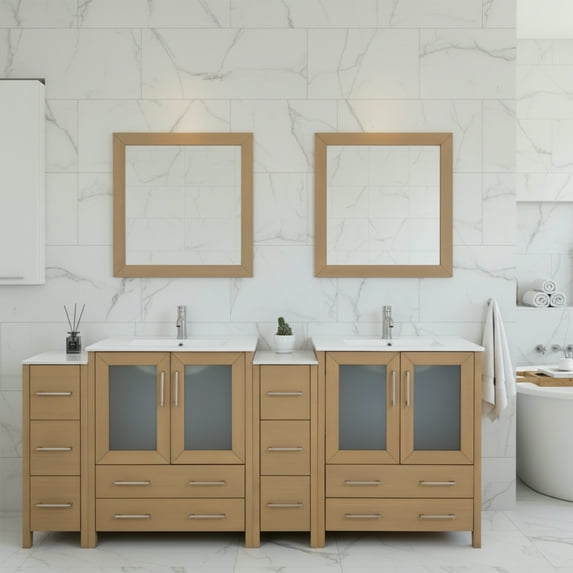Vanity Art 84" Double Sink Freestanding Bathroom Vanity Set with Ceramic Top and Mirror