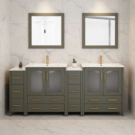 Vanity Art 84" Double Sink Freestanding Bathroom Vanity Set with Ceramic Top and Mirror