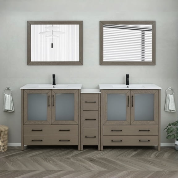 Vanity Art 84" Double Sink Freestanding Bathroom Vanity Set with Ceramic Top and Mirror
