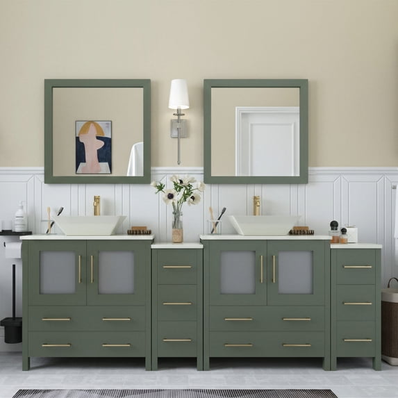 Vanity Art 84" Double Sink Freestanding Bathroom Vanity Set with Engineered Marble Top and Mirror