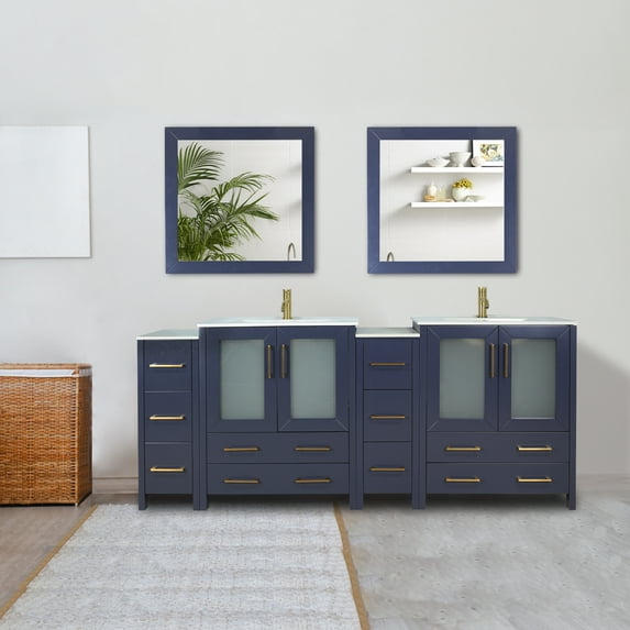 Vanity Art 84 Inch Double Sink Bathroom Vanity Combo Set 3 Cabinets 2 Shelves 7 Dove-Tailed Drawers Ceramic Top Bathroom Cabinet with Free Mirror VA3036-84B