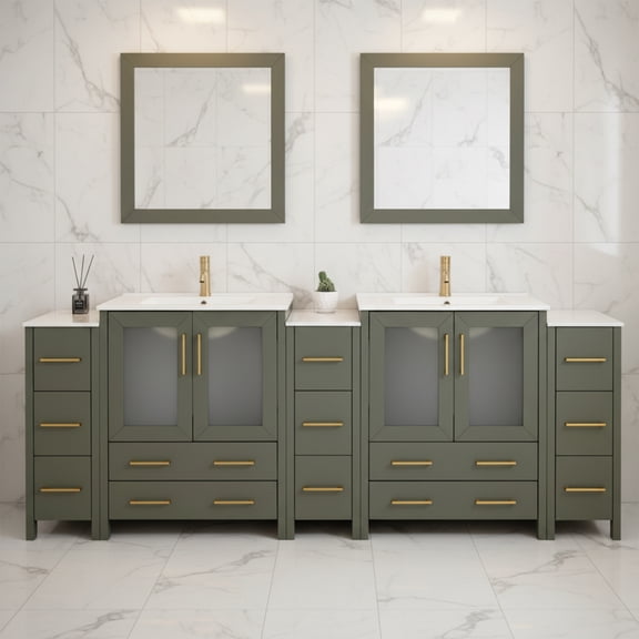 Vanity Art 96" Double Sink Freestanding Bathroom Vanity Set with Ceramic Top and Mirror