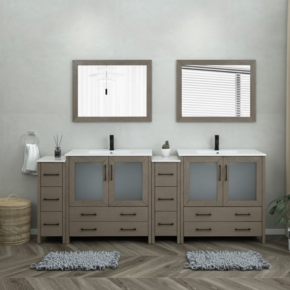 Vanity Art 96" Double Sink Freestanding Bathroom Vanity Set with Ceramic Top and Mirror