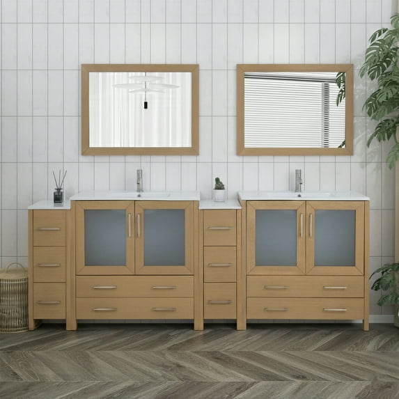 Vanity Art 96" Double Sink Freestanding Bathroom Vanity Set with Ceramic Top and Mirror