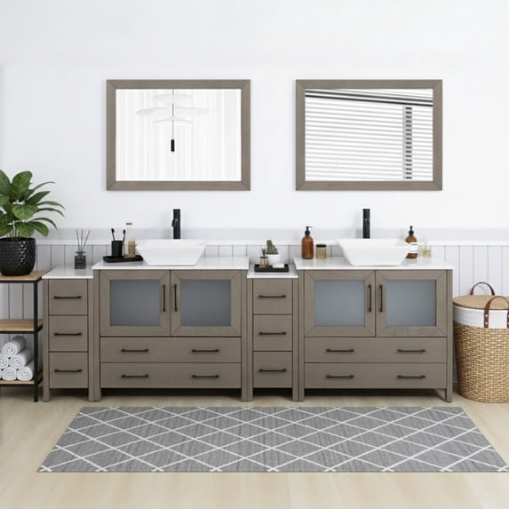 Vanity Art 96" Double Sink Freestanding Bathroom Vanity Set with Engineered Marble Top and Mirror