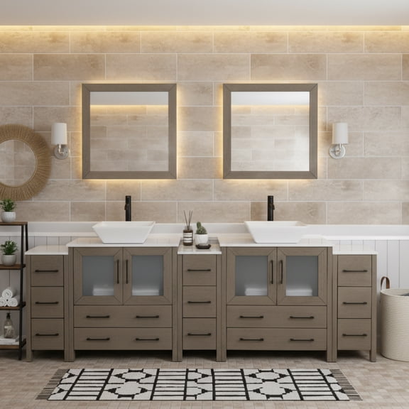 Vanity Art 96" Double Sink Freestanding Bathroom Vanity Set with Engineered Marble Top and Mirror