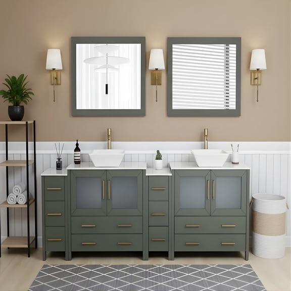 Vanity Art 96" Double Sink Freestanding Bathroom Vanity Set with Engineered Marble Top and Mirror