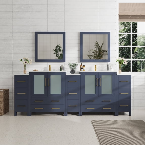 Vanity Art 96 Inch Double Sink Bathroom Vanity Combo Set 5 Cabinets 2 Shelves 13 Dove-Tailed Drawers Ceramic Top Bathroom Cabinet with Free Mirror VA3030-96B
