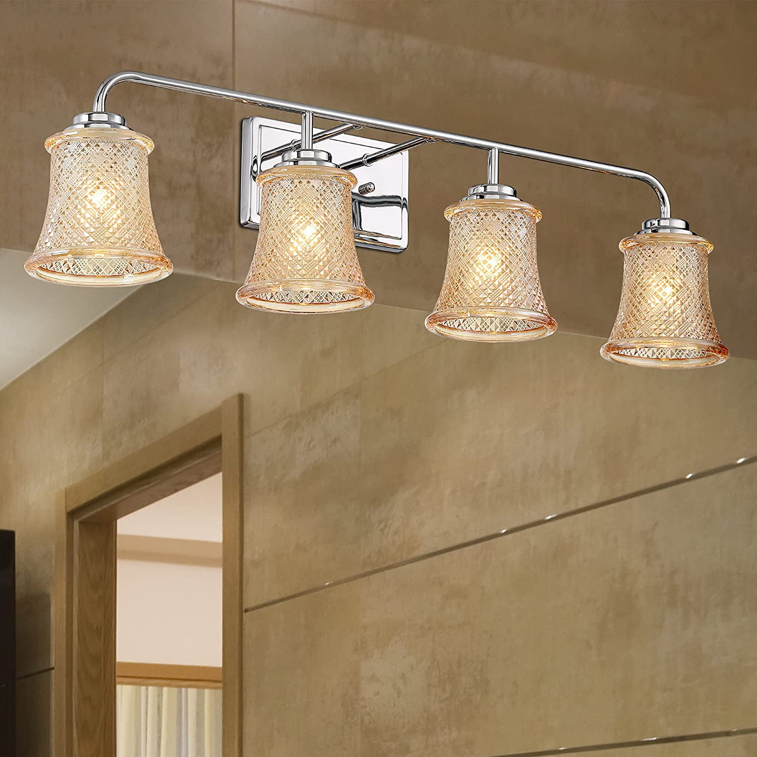 Vanity Art Elegant Cut Crystal Glass 4 Lights Bath Vanity Light for Over Mirror Hallway Living Room | Modern Wall Lighting with Clear Glass Shade Bathroom Light Fixtures W5004CH-B02