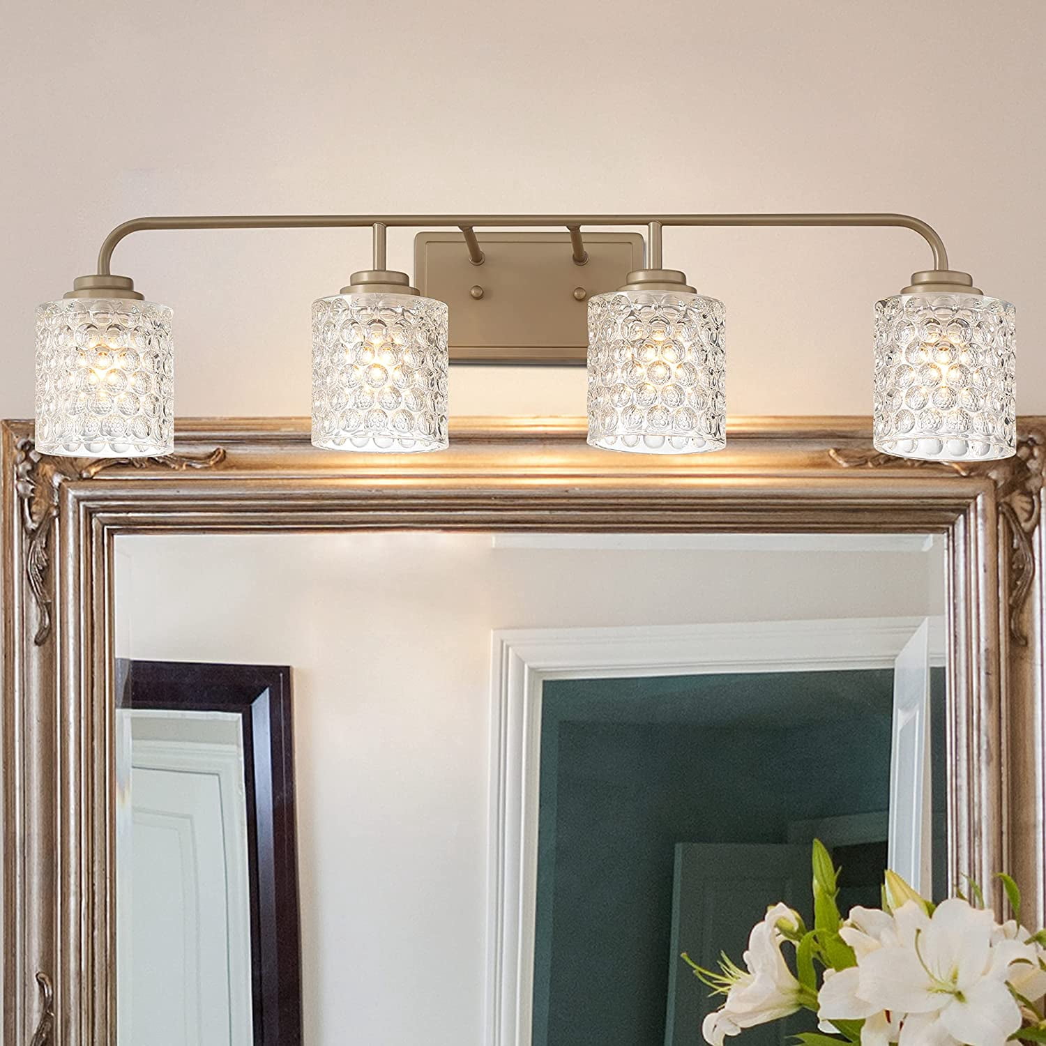 Vanity Art Elegant Cut Crystal Glass 4 Lights Bath Vanity Light for Over Mirror Hallway Living Room | Modern Wall Lighting with Clear Glass Shade Bathroom Light Fixtures W5004BD-C01