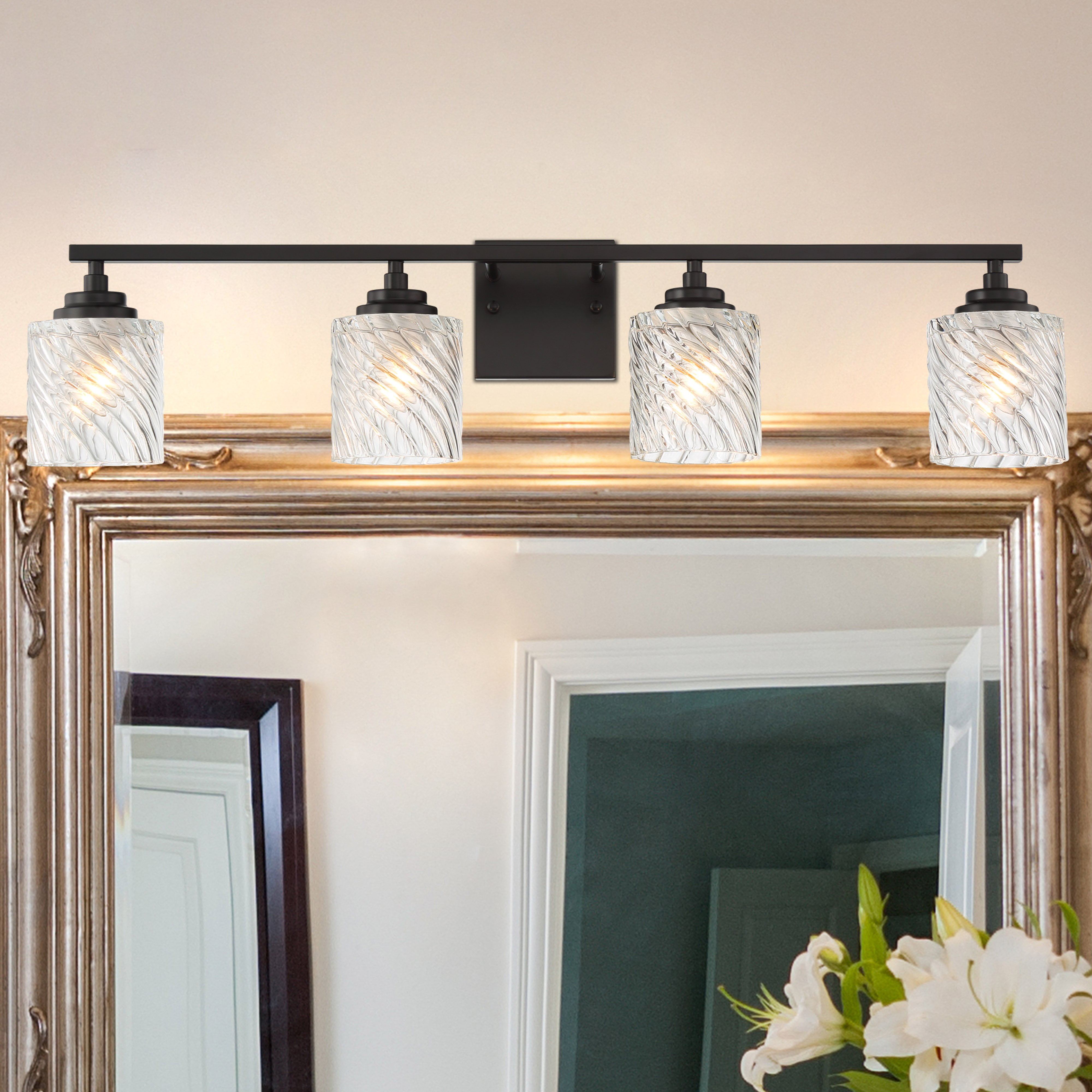 Vanity Art Elegant Cut Crystal Glass 4 Lights Dimmable Matte Black Vanity Light for Mirror Hallway Living Room | Modern Wall Lighting with Clear Glass Shade Bathroom Light Fixtures W3004BK-S01