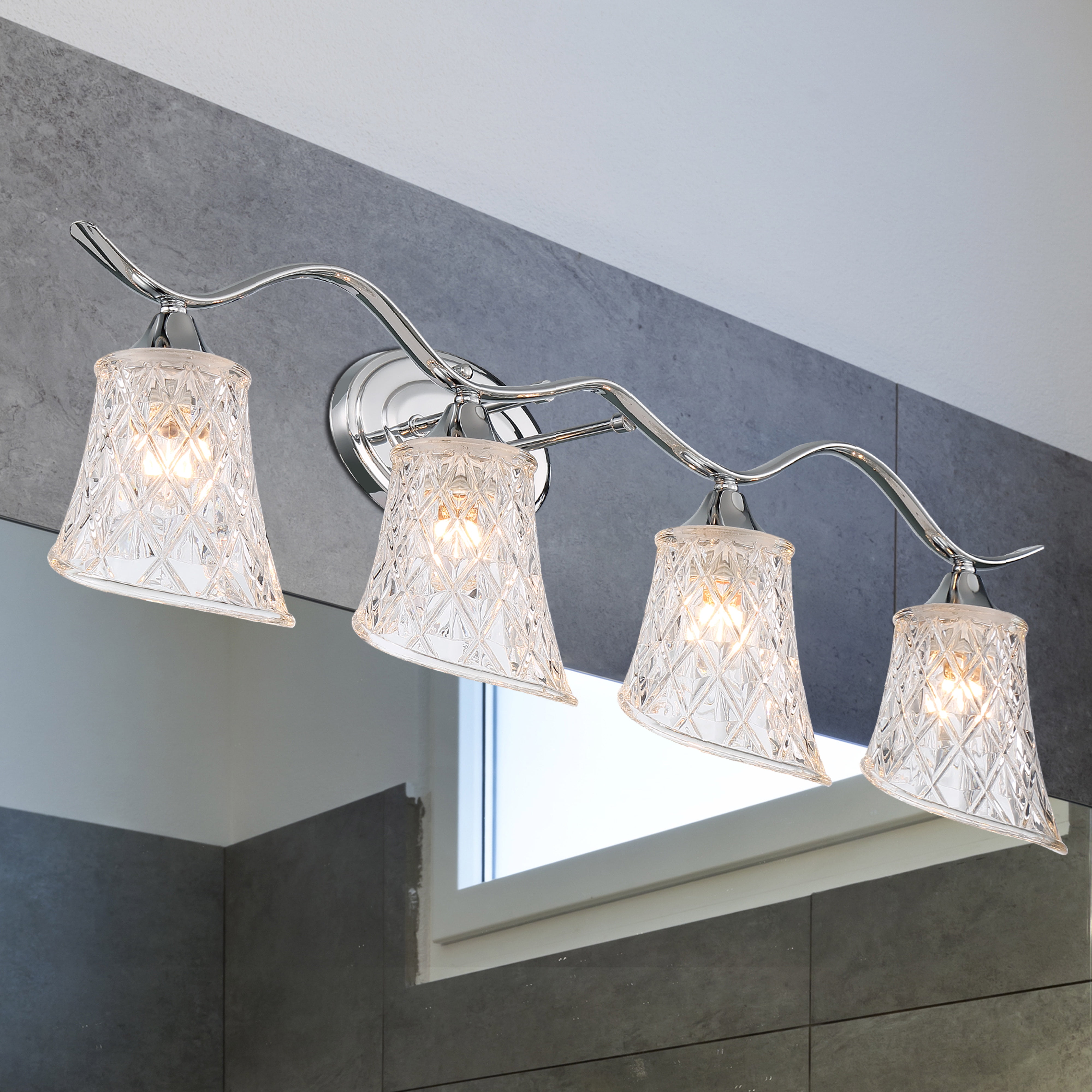 Vanity Art Elegant Cut Crystal Glass 4 Lights Dimmable Polished Chrome Vanity Light for Mirror Hallway Living Room | Modern Wall Lighting with Clear Glass Shade Bathroom Light Fixtures W2004CH-R03