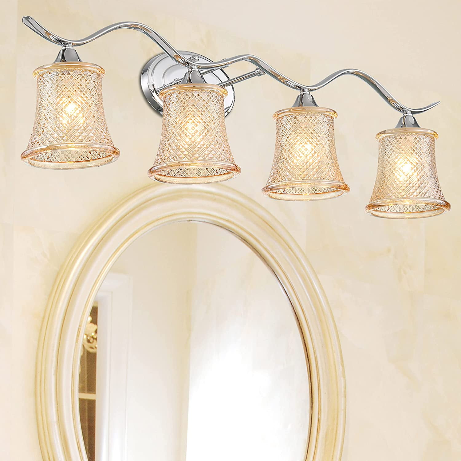 Vanity Art Elegant Cut Crystal Glass 4 Lights Dimmable Polished Chrome Vanity Light for Mirror Hallway Living Room | Modern Wall Lighting with Clear Glass Shade Bathroom Light Fixtures W2004CH-B02