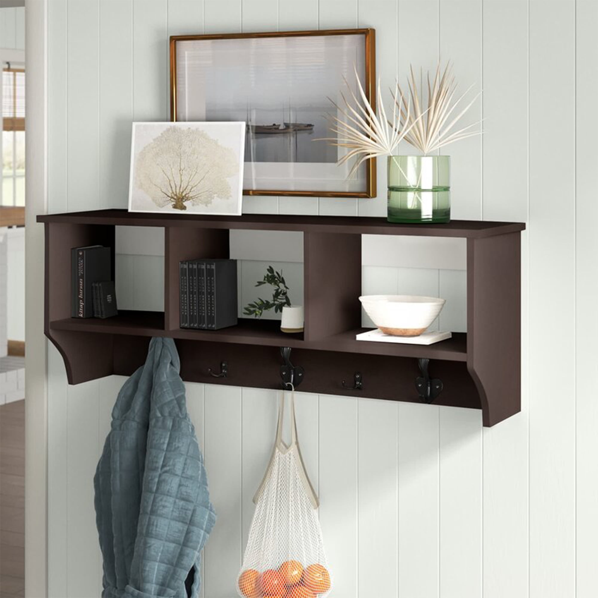 Entryway 7 Hook Wall Mounted Coat Rack with Storage Hanging Shelf Entryway Organizer in Dark Brown F10004DW-BK