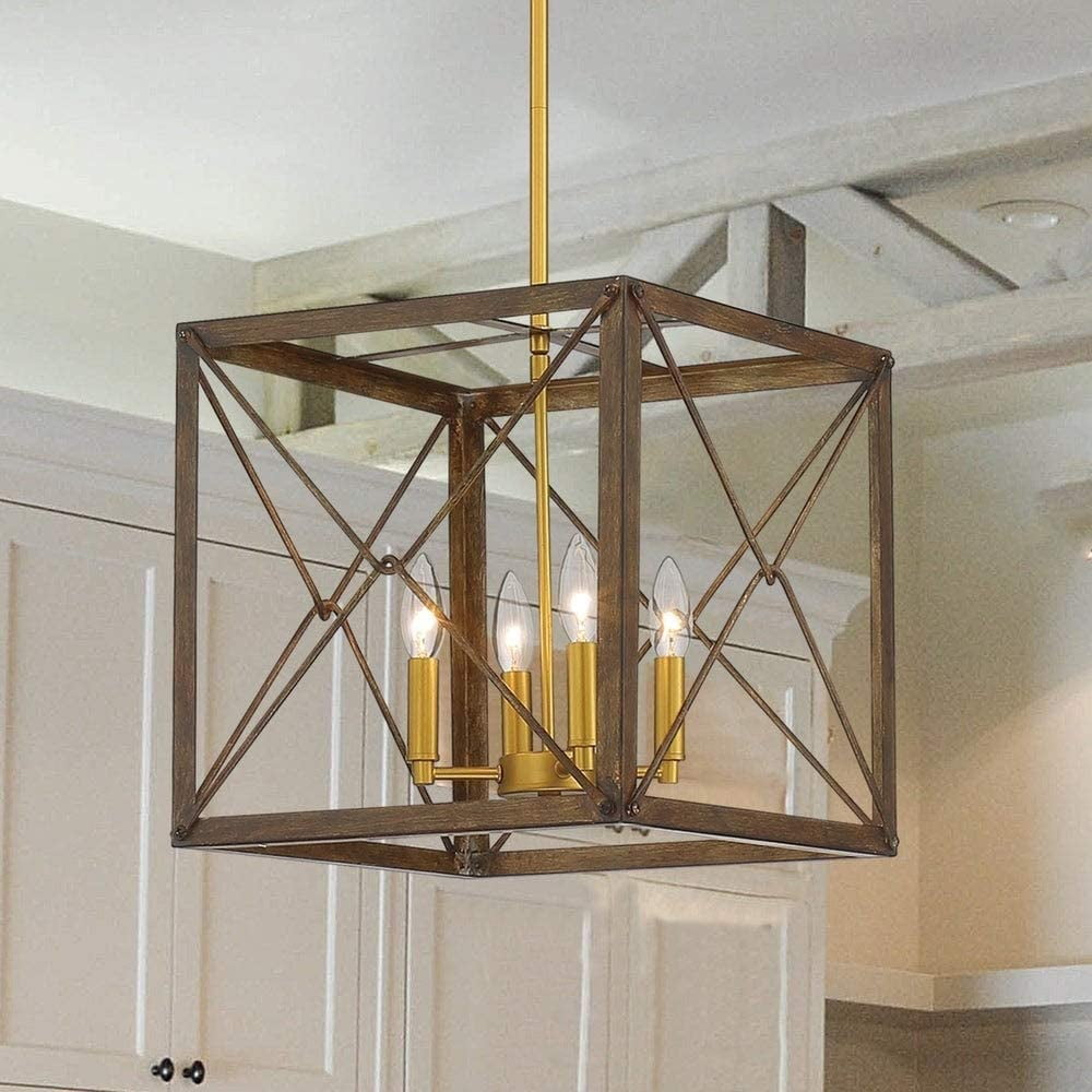 Bronze Square Cage 4-Light Pendant Chandelier