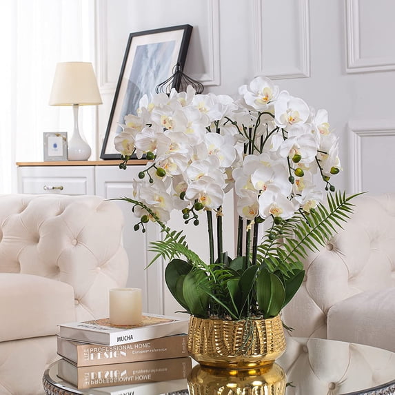 Vanity Art Faux Phalaenopsis Orchid Floral Arrangement in Ceramics Vase | 12 Stems 25.2" Artificial Real Touch Silk Orchids in Gold Ceramic Pot for Home Office Decoration, MLTAO-1070JS