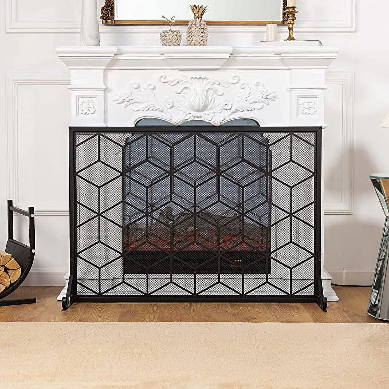 Black Iron Single Panel Geometric Fireplace Screen