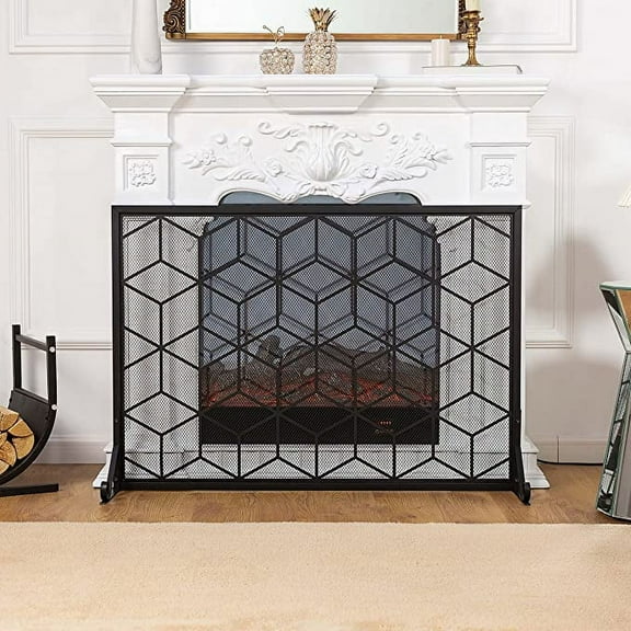 Vanity Art Iron Fireplace Screen | Heavy-Duty and Heat-Resistant Indoor Single Panel Geometric Pattern Iron Fireplace Screen with 29.33-inch Height, Black, MLT3022FP-BK