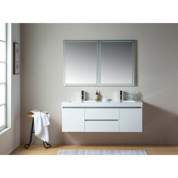 Vanity Art VA6060DWL LED Lighted Wall Hung 60 in. Double Sink Bathroom Vanity with Resin Top