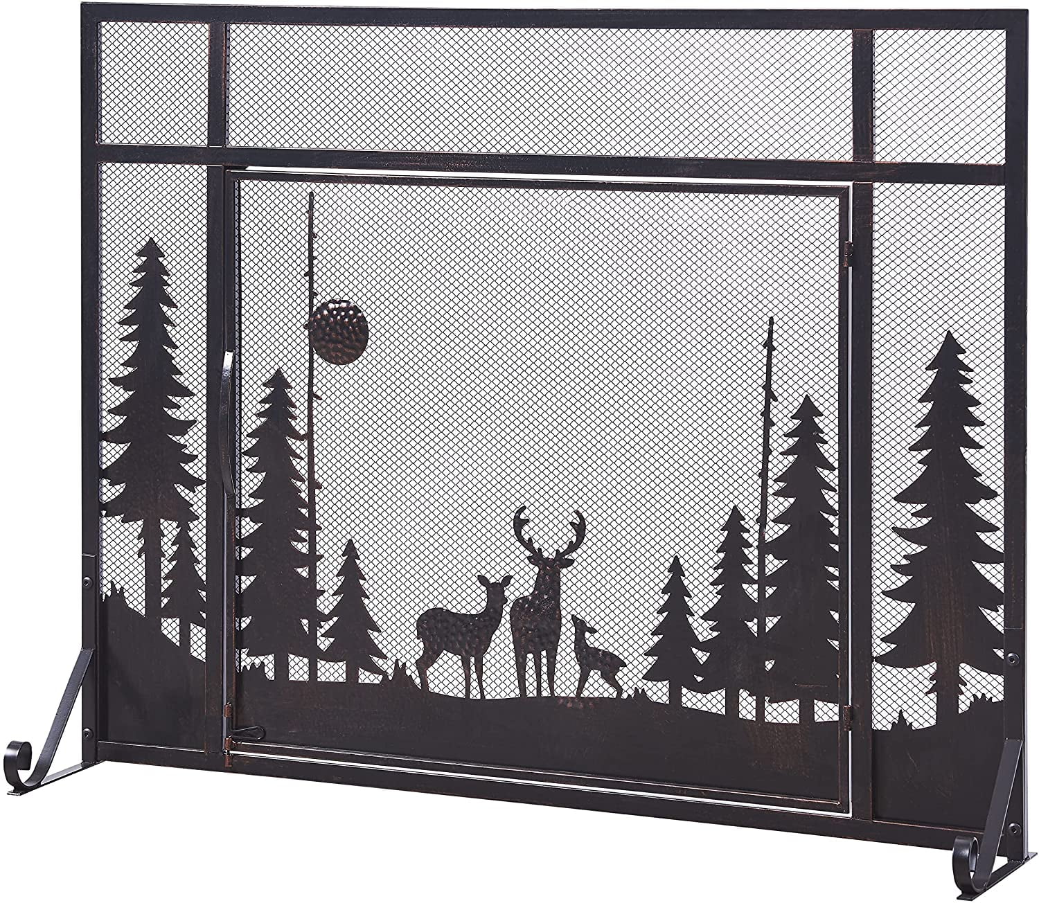 Vanity Art One Panel Iron Fireplace Screen with Door | Farmhouse Decorative Mesh Spark Guard Fire Place Cover Bronze Finish Wood Burning Stove Accessories, Brown MLT2019FP-TRDE