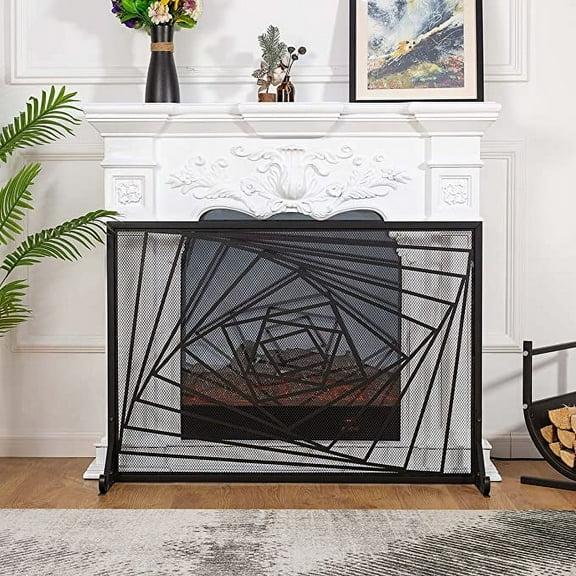 Vanity Art Single Iron Fireplace Screen | Heavy-Duty and Heat-Resistant Indoor Single Panel Rotation Pattern Iron Fireplace Screen with 29.33-inch Height, Black, MLT3038FP-BK